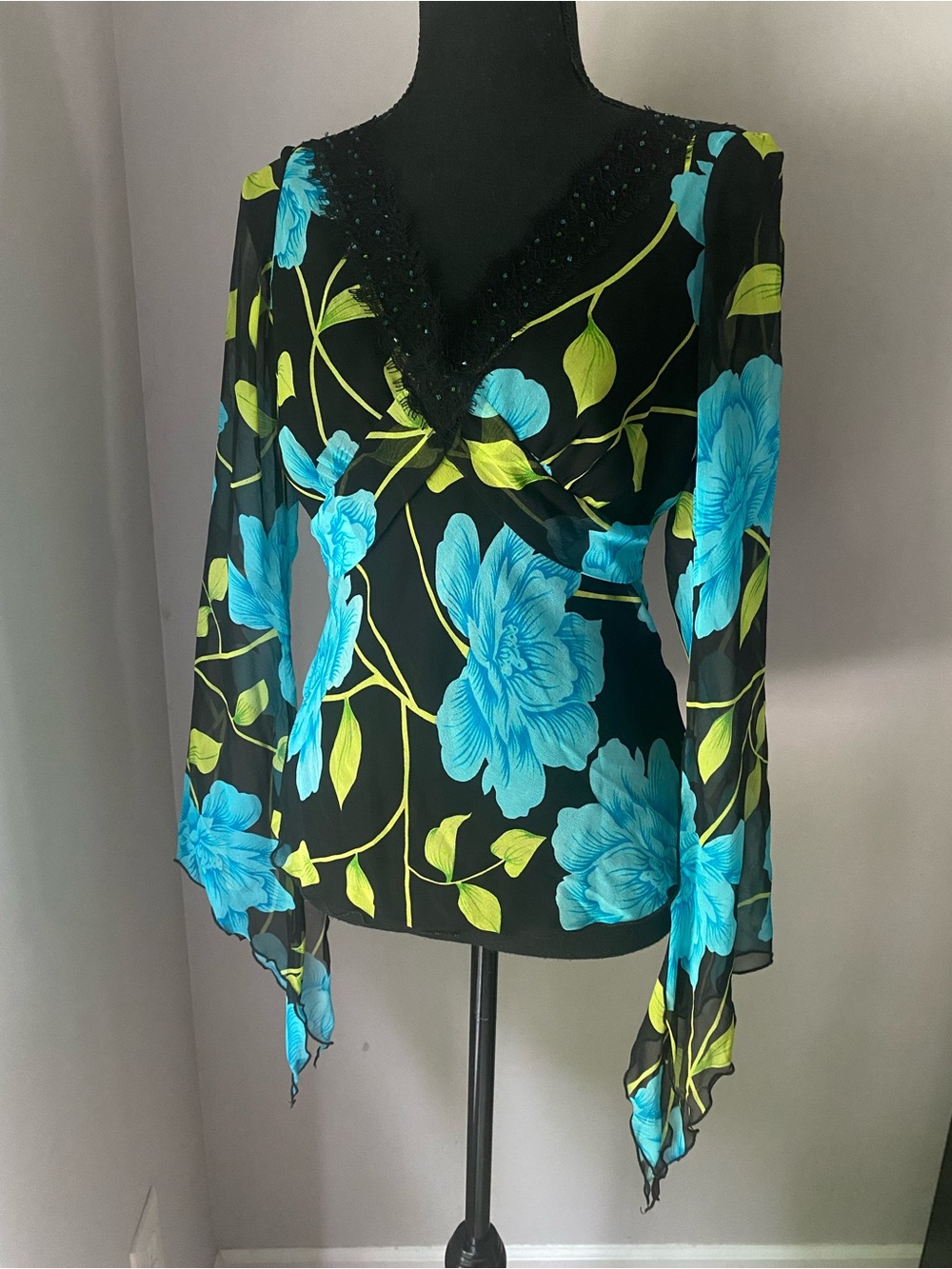 Vintage Cache Small Blue green Black floral 100% silk Fairycore made in USA top